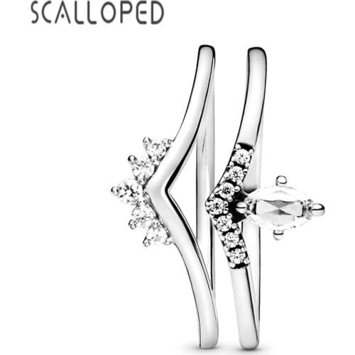 SCALLOPED Exquisite Princess Tiara Crown Wishbone Stack Ring Set Sparkling Zircon Bridal Wedding Band Temperament Women Jewelry