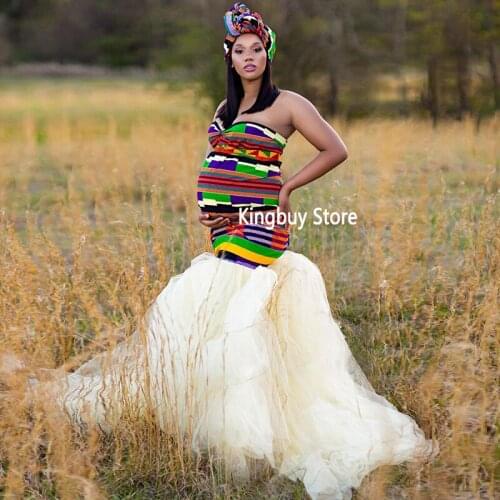 Printed Stitching Net Yarn Women Pregnant Photography Skirt Sleeveless Long Fishtail Skirt Maternity Dresses for Photo Shoot