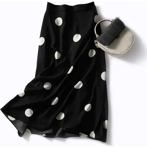 Polka dot chiffon skirt female black summer 2021 new fashion high-waist stretch large-length A-line skirt mid-length print skirt