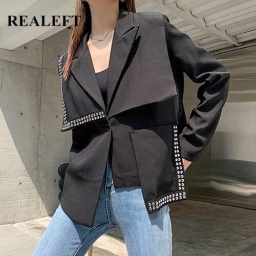 REALEFT Autumn High Street Black Single Button Loose Womens Jacket 2021 New Rivet Patchwork Irregular Long Sleeve Short Outwear