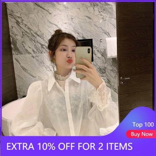 MISHOW 2020 Spring Summer New Chiffon Shirt& Lace Blouse Floral Embroidery Long Sleeve Elegant Female Fashion Clothing MX20A4149