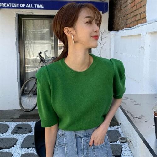 Korean Fashion Slim Fit Elegant T shirt Women Puff SleeveDesigner Tops Tshirt Female Ladies Knitted Pullover Tee Shirt Femme