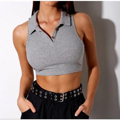 Ladies Summer Crop Tops Casual Basic Buttoned Pullovers Women Solid Sleeveless Elastic Ribbed Slim Fit Lapel Stylish Tank Tops