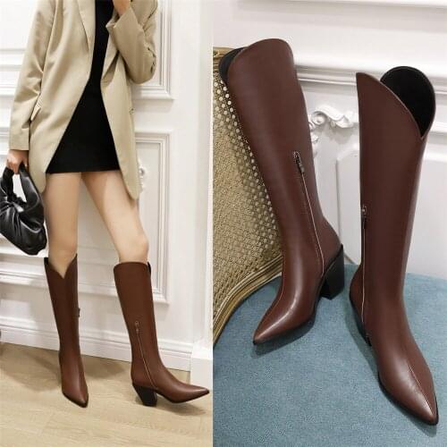 2021 Women Knee High Boots Fashion HighMid Long Boots Pointed Toe Autumn Winter Ladies zip Shoes Black White Brown size 34-43
