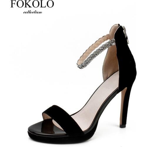 FOKOLO 2020 New Womens High Heels Sandals Simple Casual Furry Thin Heels Black kid Suede Crystal Summer Party Wedding Shoes L1