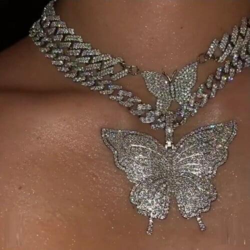New large hip hop charm butterfly pendant with cuban chain paved hip hop women necklace drop ship heavy necklace jewe;ry
