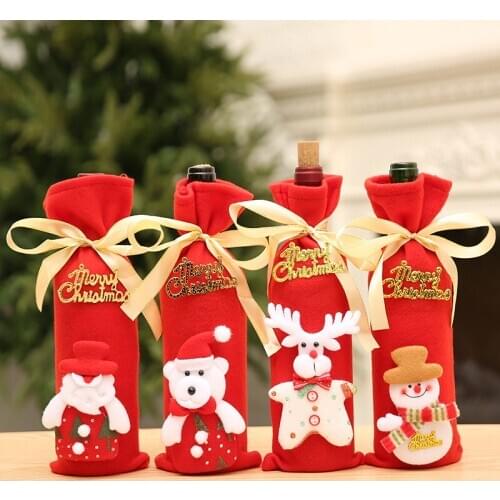 10PCS Merry Christmas Wine Bottle Decor Santa Claus Snowman Deer Bottle Cover Golden Ribbon Kitchen Decoration for New Year