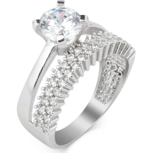 925 Sterling Silver Solitaire Ring with Double Line Half Round Zircon Stones