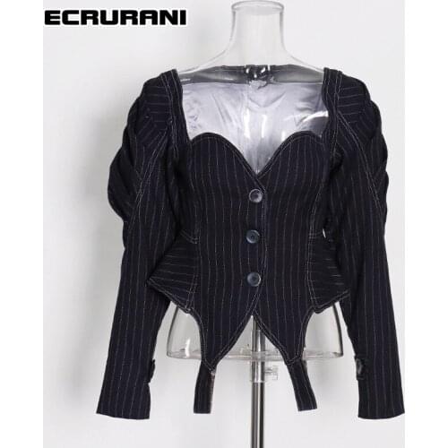 ECRURANI Patchwork Striped Casual Coats For Women V Neck Long Sleeve High Waist Loose Jackets Female Fashion Clothing 2021 Style
