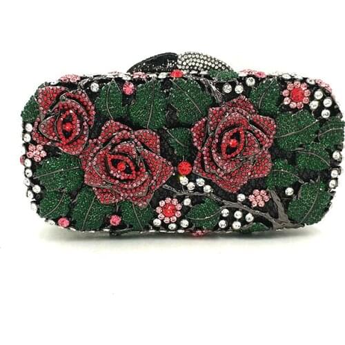 Elegant women evening party handbag diamonds luxury wallet clutches ladies rose flowe crystal purses bridal wedding party purses