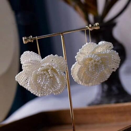 European Flower Brides Ear Clip Evening Woman Pearls Wedding Earrings Prom Hair Jewelry