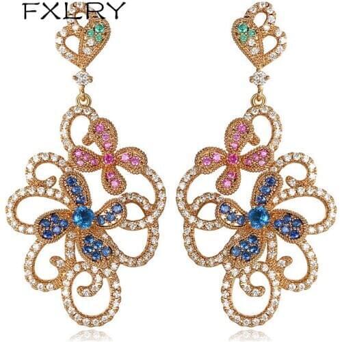 FXLRY New Arrival Fashion Women Micro Inlay Zircon Geometry Hollow Out Flowers Dinner Luxury Bride Earrings Jewelry