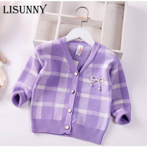 Girls Cardigan Sweaters 2021 Autumn New Beaded bow Kids Sweater Children Jacket Baby Winter Clothes Toddler Knitted Coat Plaid