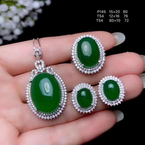 Fashion big size green Chalcedony gemstone jewelry set including necklace ring stud earrings for women 925 silver natural gem