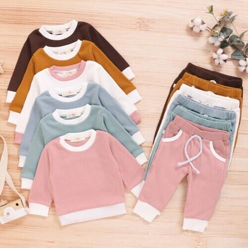 2Pcs Fashion Baby Girls Boys Clothes Set Ribbed Cotton Casual Homewear Long Sleeve Tops+Pants Toddler Infant Outfit Sleepwear