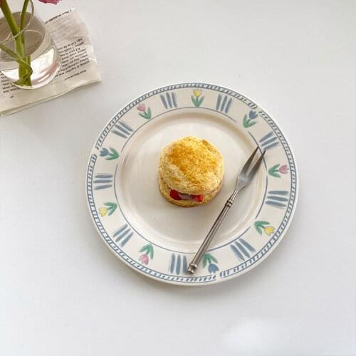 Korean Ins Vintage Hand-Painted Cherry Tulip Ceramic Plate Dessert Snack Plate Cake Plate Western Plate