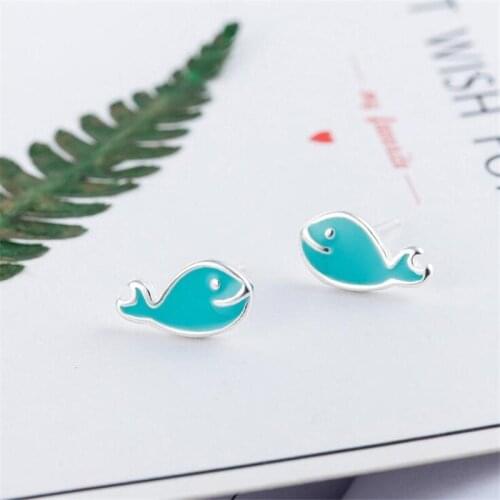 Fine 925 Sterling Silver Jewelry Cute Blue Whale Sweet Animal Drip Stud Earrings for Women Girls Summer Hot Accessories SE186