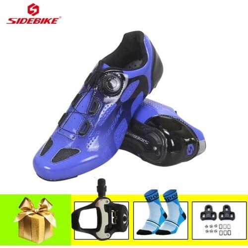 SIDEBIKE Carbon Fiber Road Bile Shoes Men Self-locking Breathable Cycling Sneakers Add SPD-SL Road Pedals Riding Bicycle Shoes