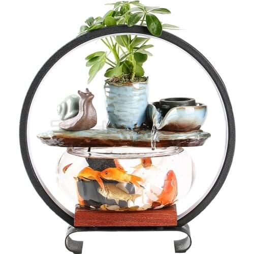 Small transparent glass flowing water goldfish tank household porch desktop living room creative Mini Aquarium with light