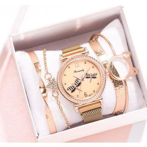 Fashion 5pcs Set Women Watches Luxury Magnet Buckle Watch Ladies Mesh Dress Quartz Wrist Watch Bracelet Set Reloj Mujer Dropship
