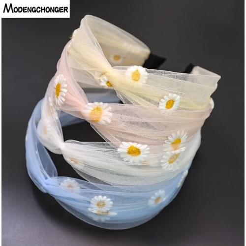 1PC Summer Daisy Flowers Hair Hoop For Woman Girl Knotted Bezel lace Transparent Mesh Embroidery Small Hairband Hair Accessories