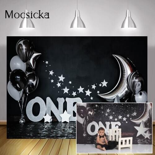 Twinkle Little Sliver Star Portrait Photography Backdrop Balloons Moon Children 1st Birthday Black Background Photocall Props
