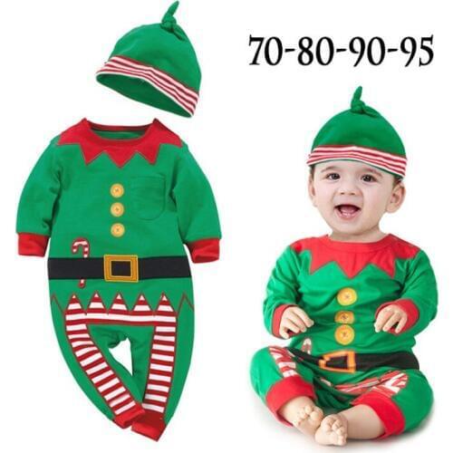 Christmas Classic Style Long Sleeves Green Baby Boys Romper with Christms Hat 3021