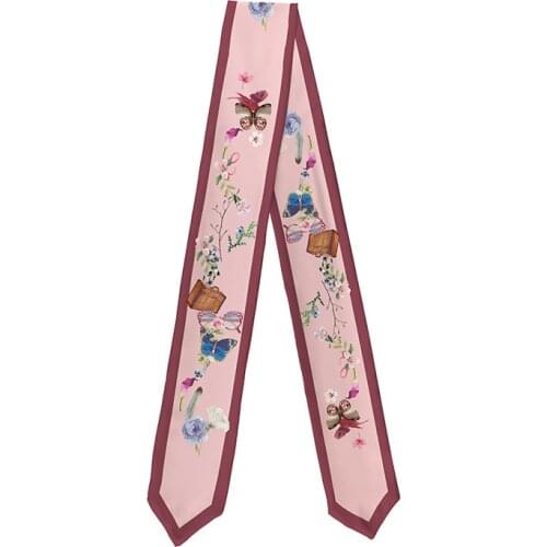 Pink Contrast Color Floral Style Narrow Long Scarf Headband Choker Bag Scarves Small Ribbon Neckerchief Skinny Accessories CJ96