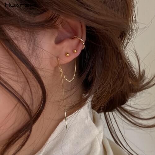 HUANZHI 2020 New Simple Gold Metal Asymmetry Long Tassel No Piercing Ear Cuff Crystal Hook Clip Earrings for Women Jewelry Gift