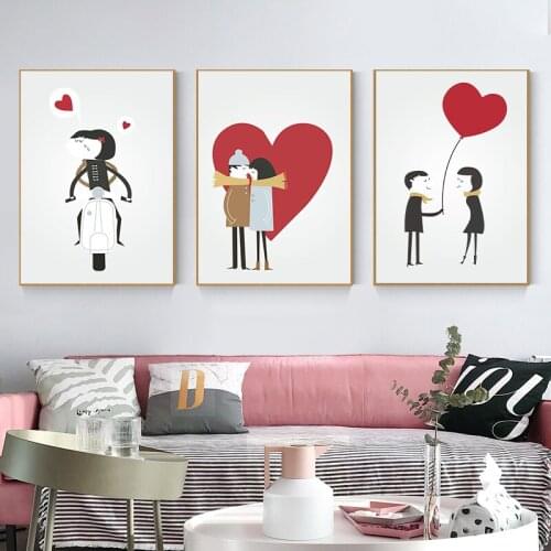 Nordic Lovely Happy Loving Couples Red Heart Balloon Canvas Painting Print Poster Wall Art Picture Living Room Bedroom Decor