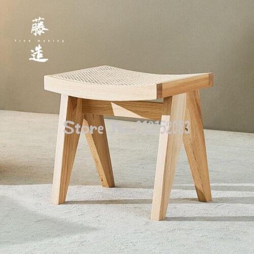 Log square stool dining chair adult solid wood simple modern rattan backrest chair ins Japanese makeup chair designer