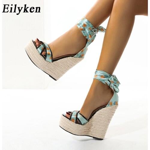 Eilyken New Fashion Weaving Straw Cane Thick Bottoms Ladies Sandals Gladiator Peep Toe Wedge Heels Women Platform Shoes Size 42