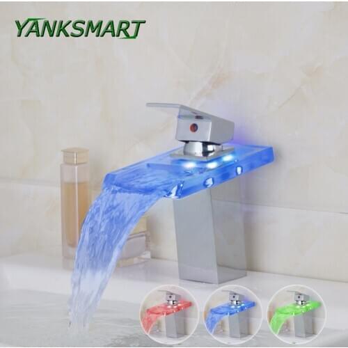 YANKSMART Waterfall Glass Polished Chrome Bathroom Sink Faucet LED Deck Mounted Hot And Cold Mixer Tap Bathroom Faucet