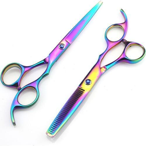 Customize Japan 440c steel 5.5 inch classic rainbow cutting & thinning hairdressing scissor shears cut barber hair scissors set