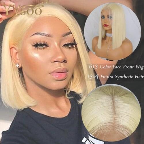YYsoo 613 Blonde Color13x6 Short Glueless Synthetic Lace Front Wigs For Women Futura Straight Heat Resistant Bob Wig Daily Use