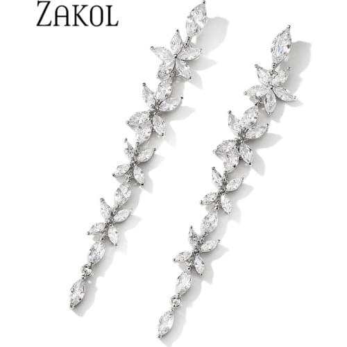 ZAKOL Elegant New Jwellery Women Shining Cubic Zirconia White Rose Color Plating Bride Wedding Engagement Long Dangle Earrings