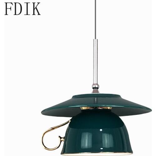 Nordic Personality Green Ceramic Hanging Lamp Modern Coffee Cup Pendant Light Fixture for Bedroom Kitchen Indoor Decor Lighting