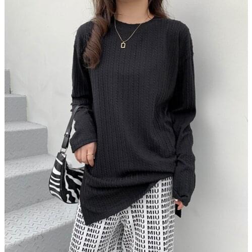 2021 Autumn Winter Womens Tshirt O Neck Screw Thread Loose Long T-shirt Black Korean Cotton Long Tshirts Tee Shirt Femme Tops