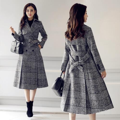 2019 fashion autumn and winter ladies gray plaid windbreaker + belt double-breasted high-quality mid-length womens coat