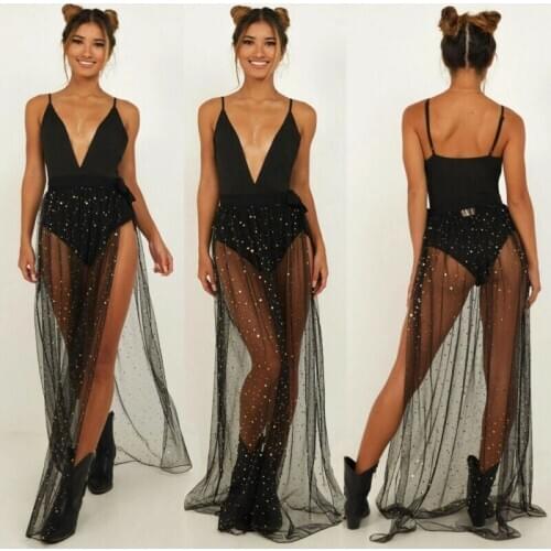 Meihuida Women Sexy Shiny Sequins Bikini Cover up Swimsuit Summer Lady Elastic Waist Mesh Maxi Wrap Skirt Beachwear