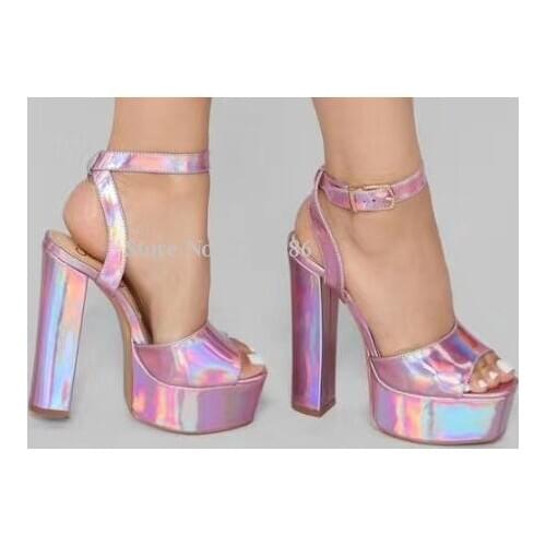 New Shinning Pink Chunky Heel Woman Platform Sandals Shoes Fashion Peep Toe Buckle Strap Real Photos Dress Sandals Lady Heels
