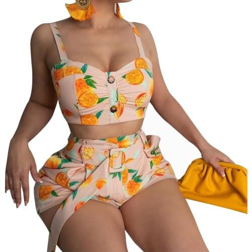 2020 HOT Women Sets Summer Tracksuits Fruit Print Sashes Tops+Shorts Suit Two Piece Set 2 Pcs Night Club Party Beach Outfits