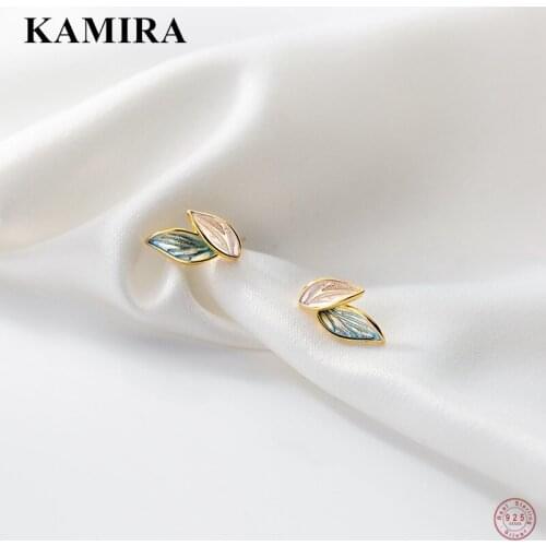 KAMIRA Real 925 Sterling Silver Simple Trendy Art Leaf Stud Earrings for Women Friendship Birthday Cute Elegant Jewelry Gift Hot