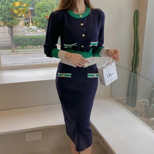 Autumn Fashion Color matching knitted Set Womans Suits Cardigan Sweater + Pencil Skirt Set For Women Suit Clothing 2 Piece set