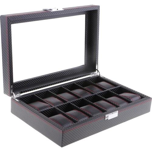12 Slots Black PU Leather Glass Collect Watch Rings Display Storage Box Case
