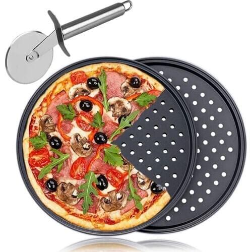 2Pieces Pizza Pan with Holes Perforated Pizza Crisper Tray Non-Stick Round Pizza Stone Baking Set with Cutter Wheel