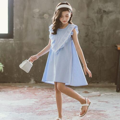 2021 Kids Dresses for Girls Summer Childrens Clothing Teenager Girl Dress Blue Striped Princess Dress 4 6 8 10 12 14 Yrs