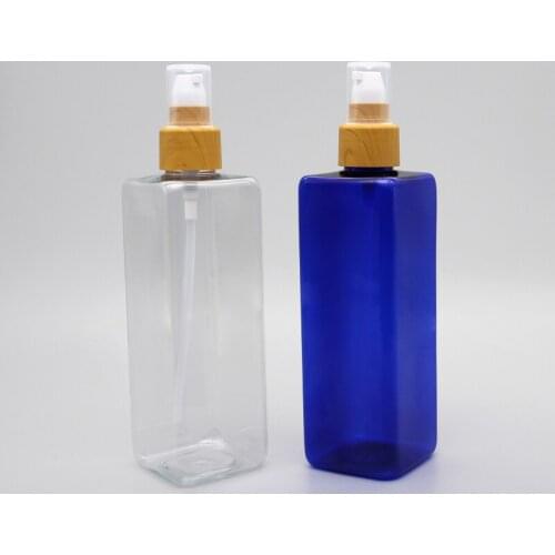 250ML 24pcs Transparent Blue Square Plastic Bottle With Wood Grain Lotion Pump, Empty Cosmetic Toner Essence Packaging Bottles