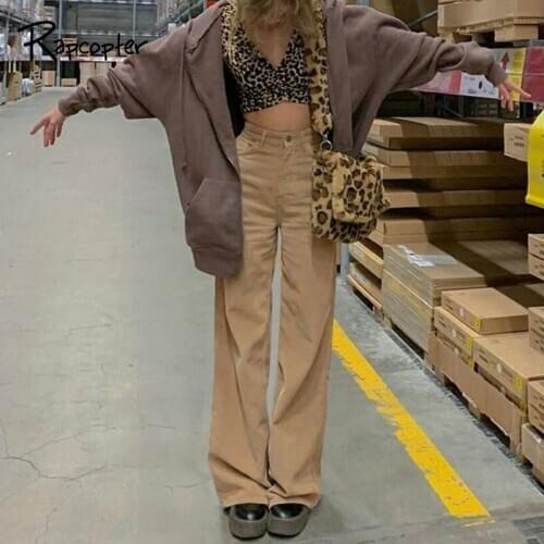 Rapcopter Khaki Corduroy Pants Women Harajuku Cargo Pants Y2K Wide Leg Trouser Autumn Winter High Waist Pants 90S Streetwear New
