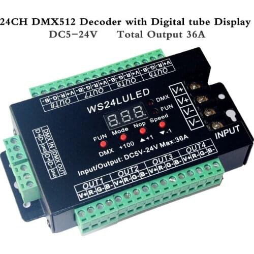 DMX512 Digital display 24CH DMX address Controller, DC5V-24V,each CH Max 3A,8 groups RGB controller